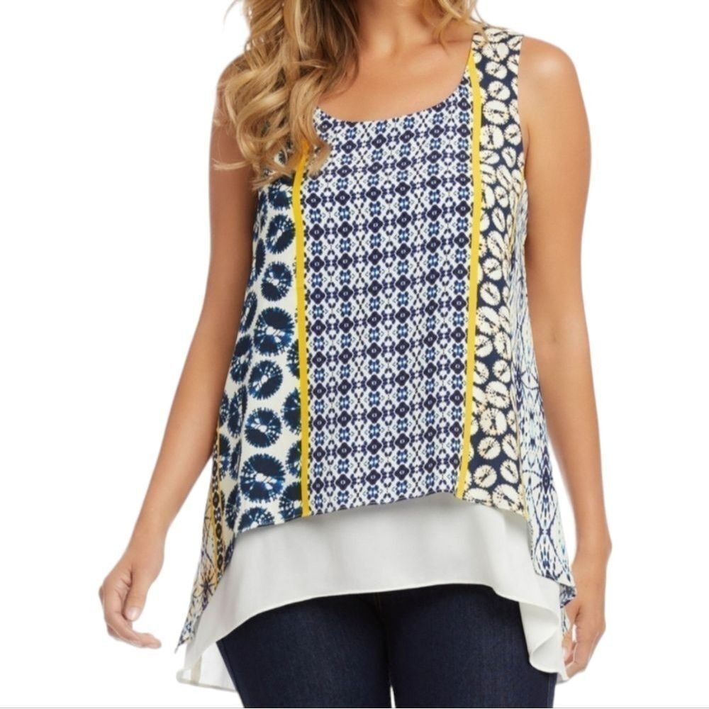 Karen Kane Women's S Blouse Tank Top- Blue Yellow Layered Airy Spring Summer USA